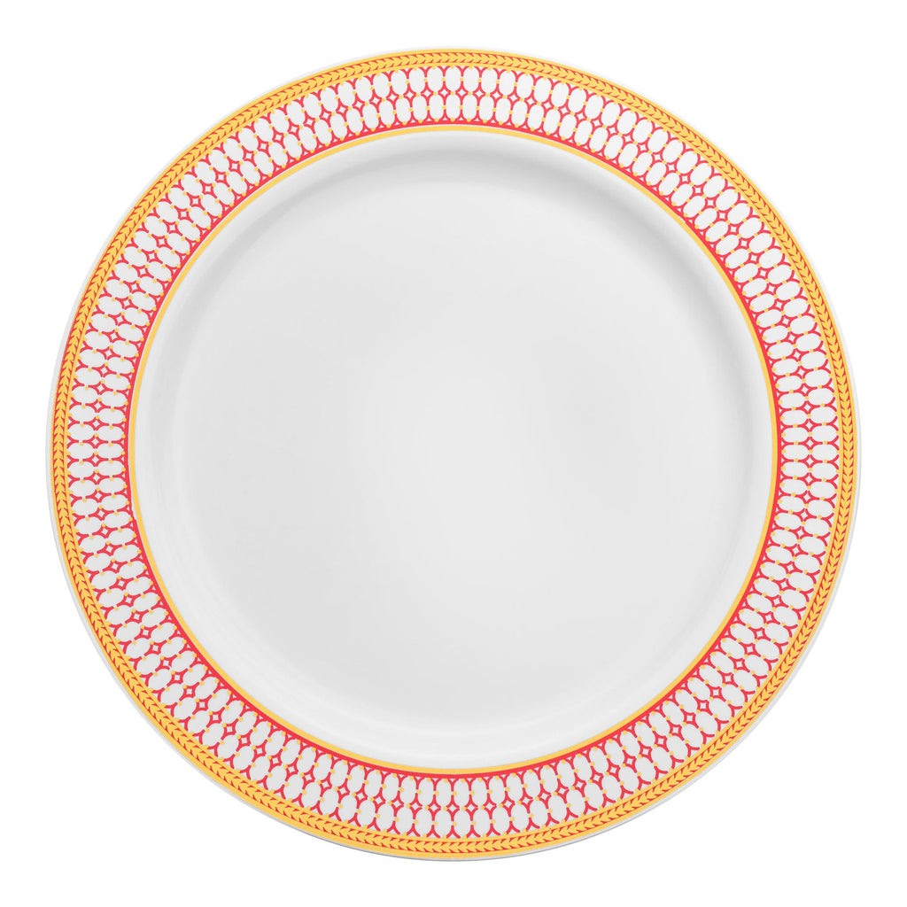 White with Red and Gold Chord Rim Plastic Dinner Plates (10.25")