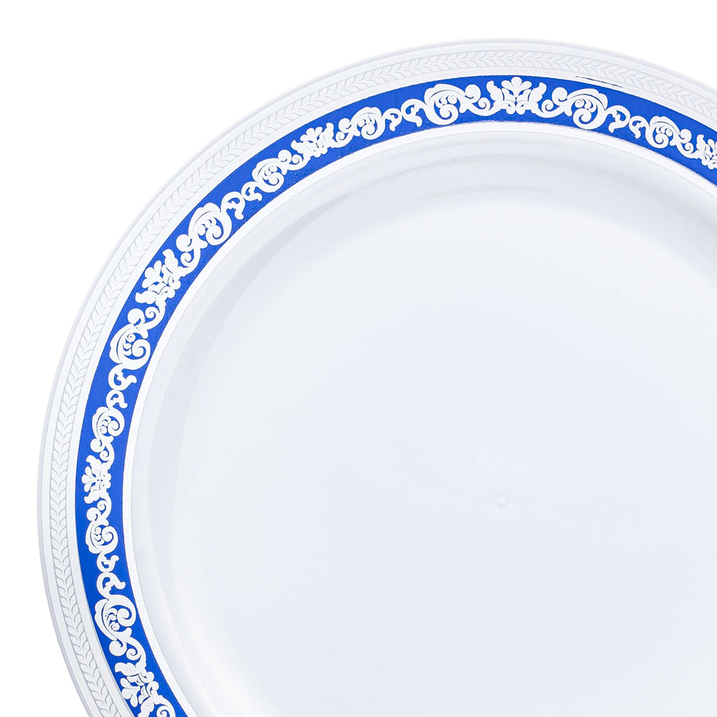 White with Blue and Silver Royal Rim Plastic Dinner Plates (10.25")