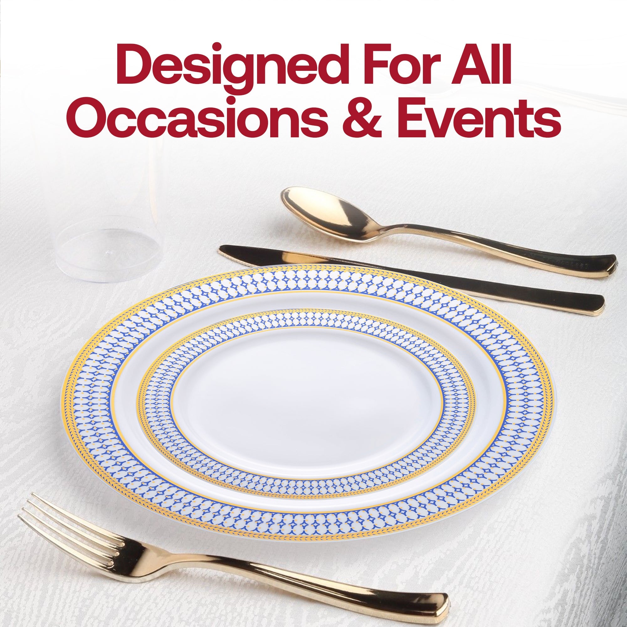 White with Blue and Gold Chord Rim Plastic Dinner Plates (10.25")