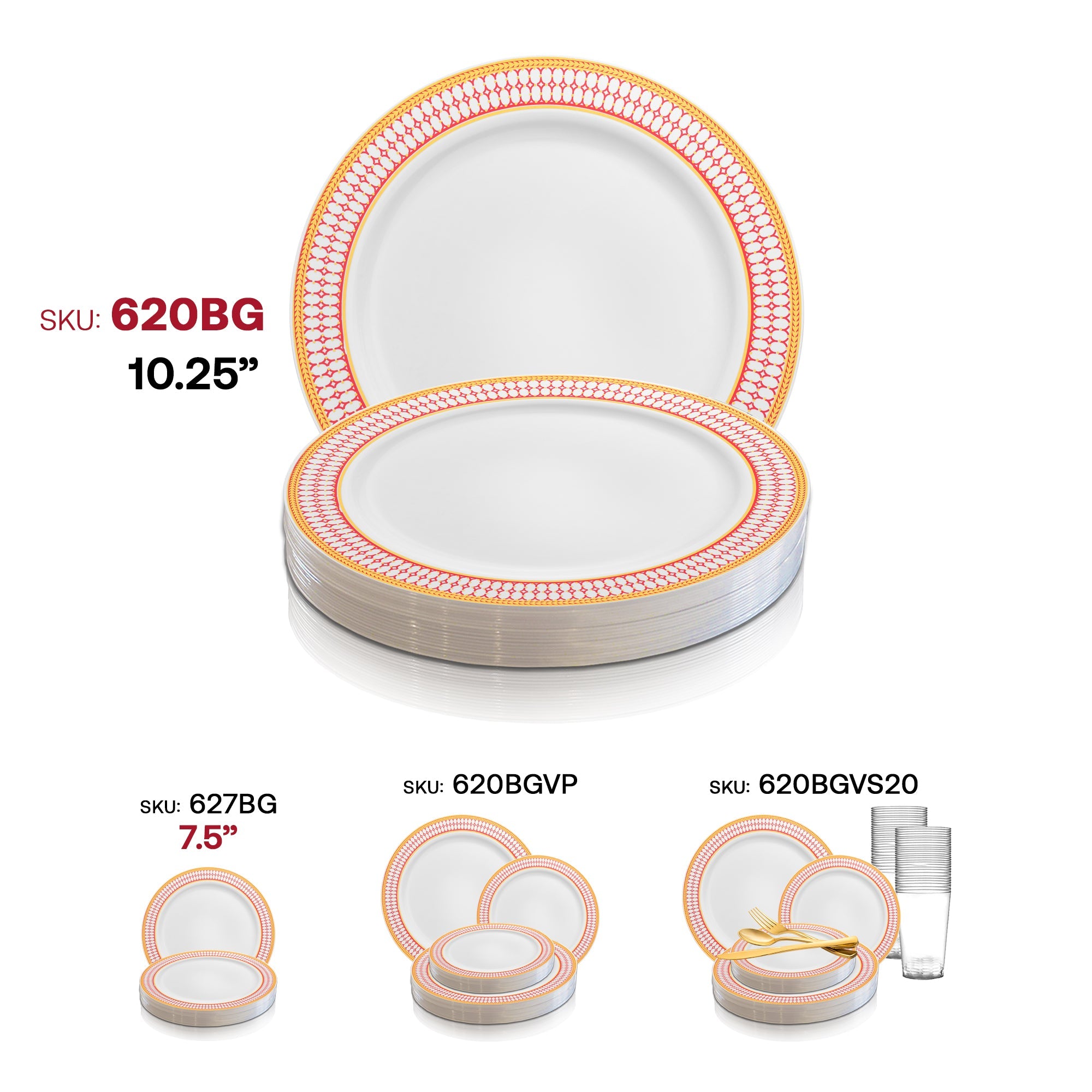 White with Red and Gold Chord Rim Plastic Dinner Plates (10.25")