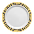 White with Black and Gold Royal Rim Plastic Dinner Plates (10.25")