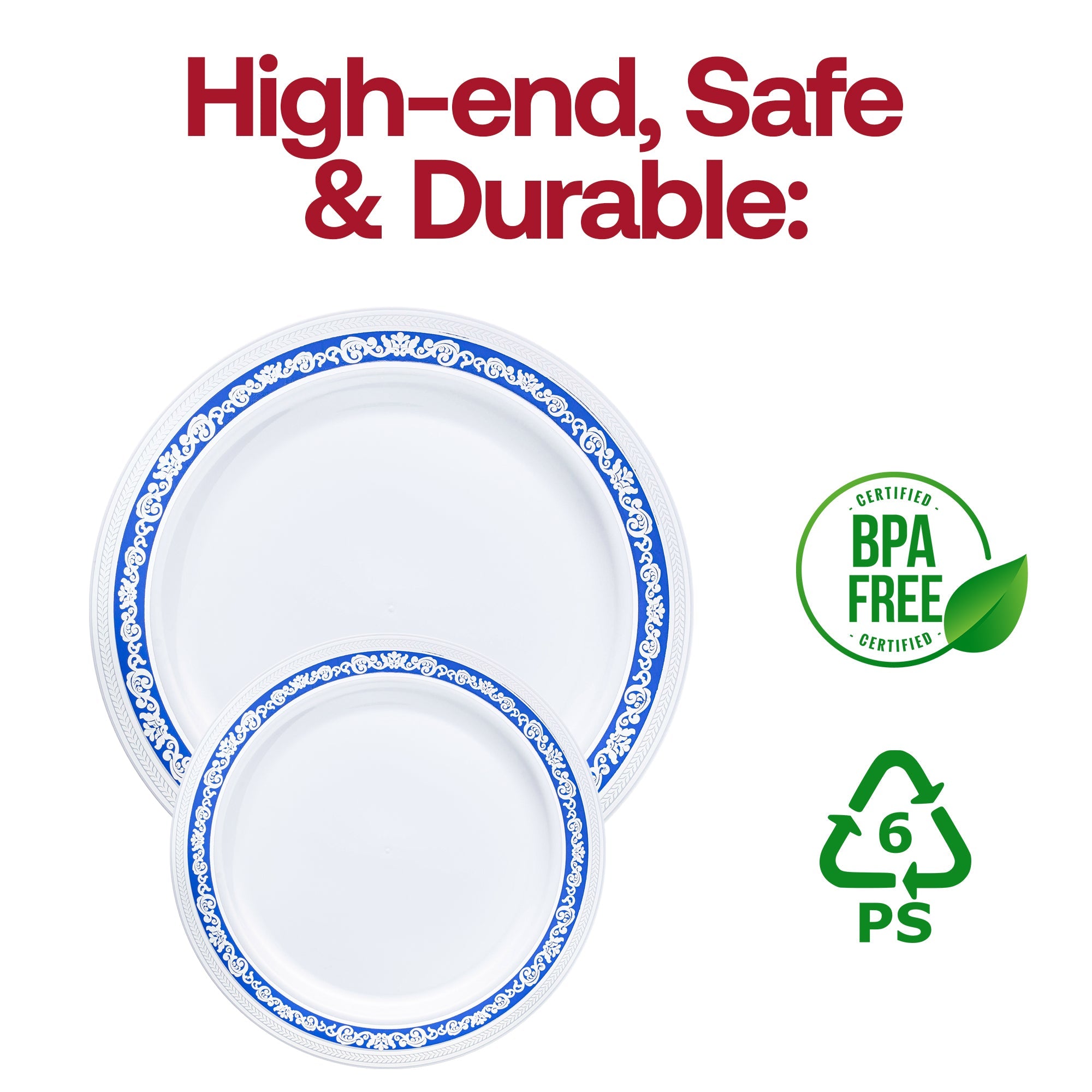 White with Blue and Silver Royal Rim Plastic Dinner Plates (10.25")