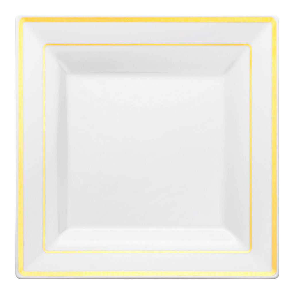 White with Gold Square Edge Rim Plastic Dinner Plates (9.5")