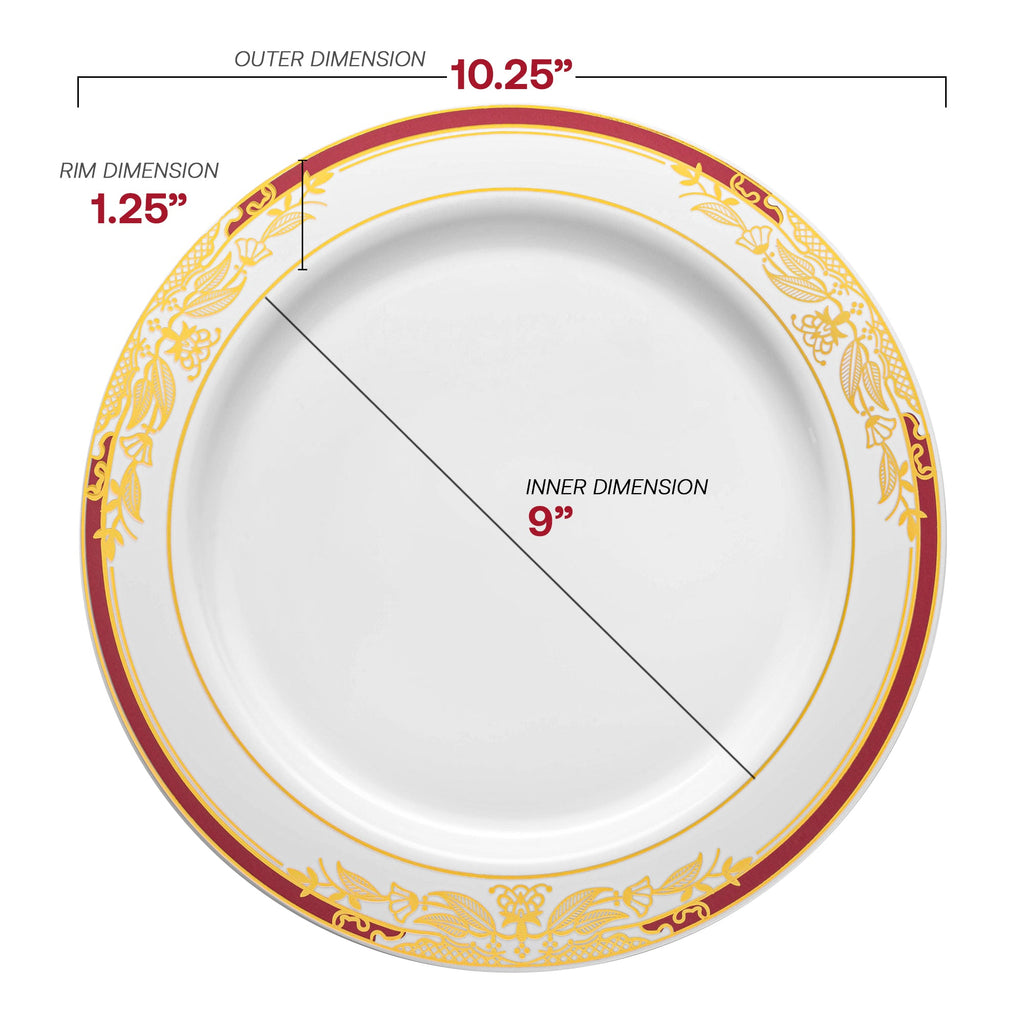 White with Burgundy and Gold Harmony Rim Plastic Dinner Plates (10.25")