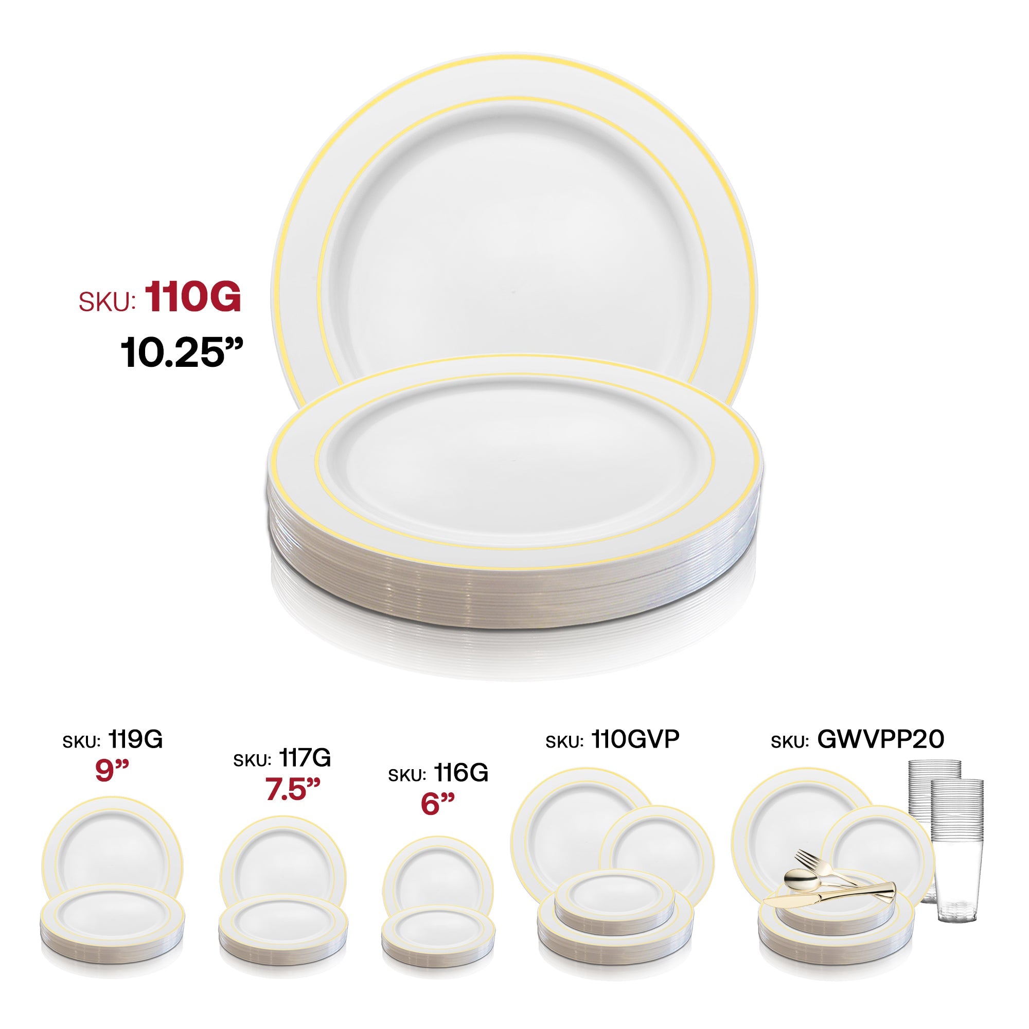 White with Gold Edge Rim Plastic Dinner Plates (10.25")