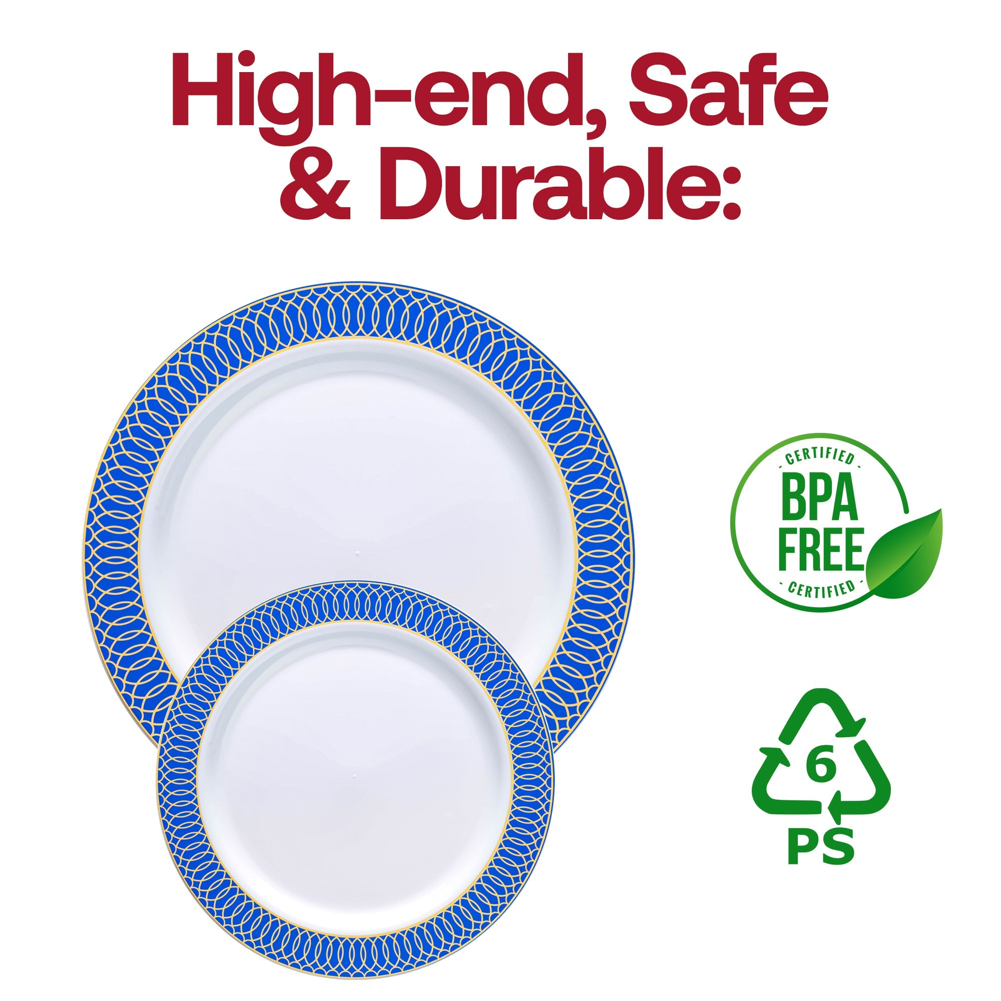 White with Gold Spiral on Blue Rim Plastic Appetizer/Salad Plates (7.5")