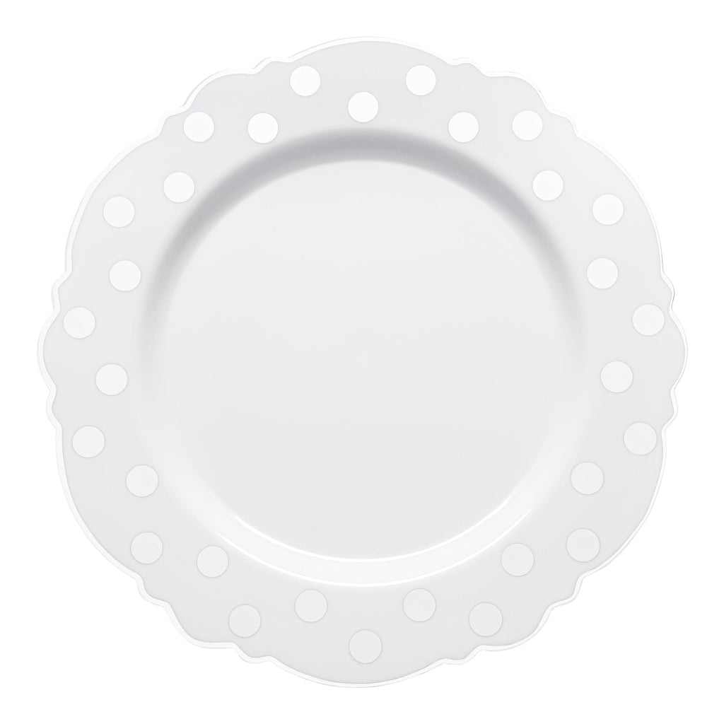 White with Silver Dots Round Blossom Disposable Plastic Salad Plates (7.5")
