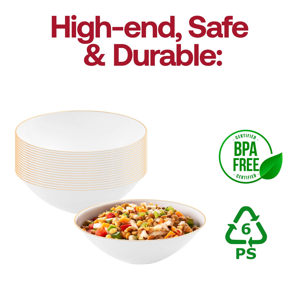 White with Gold Rim Organic Round Disposable Plastic Soup Bowls (16 oz.)