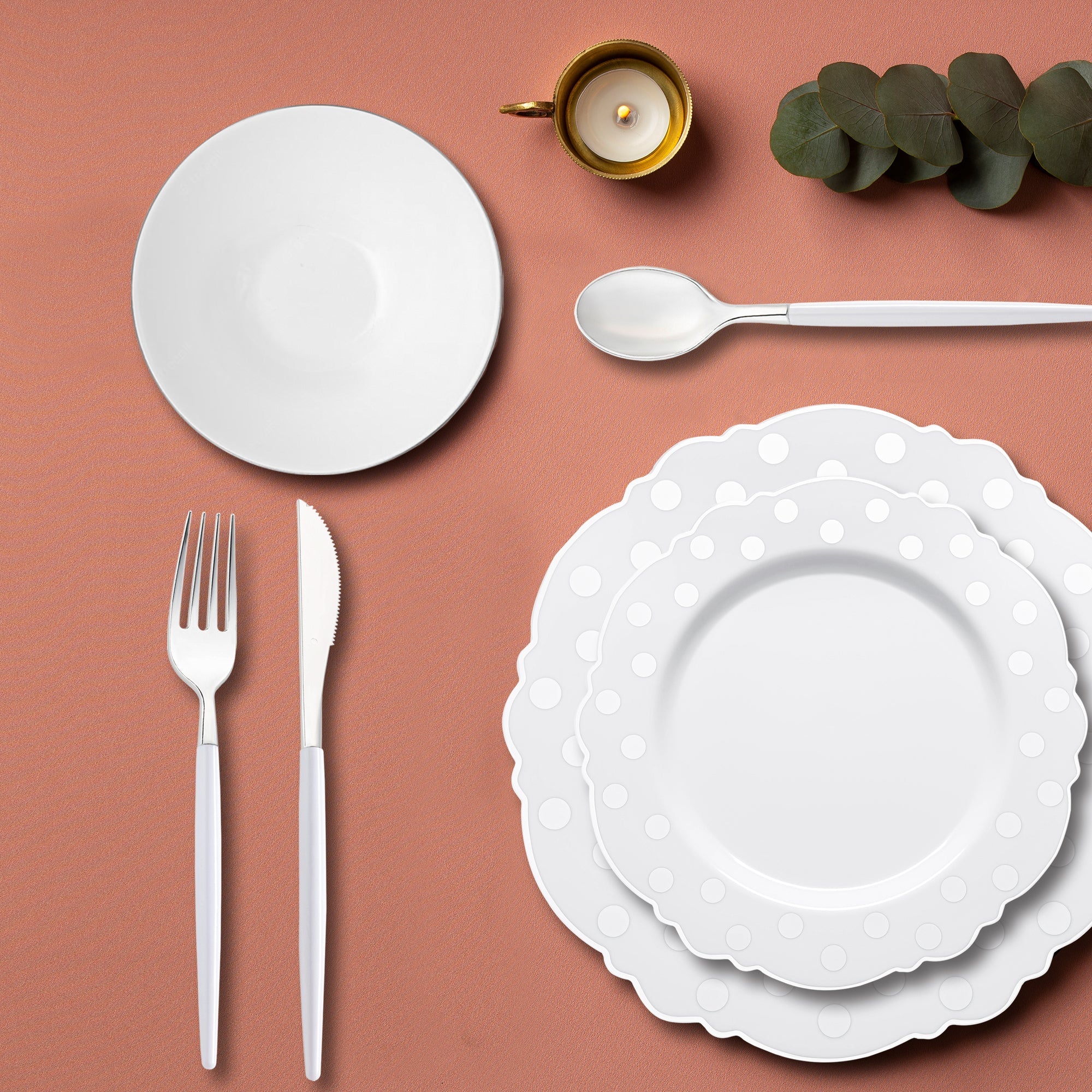 White with Silver Blossom Dots Disposable Plastic Tableware Set