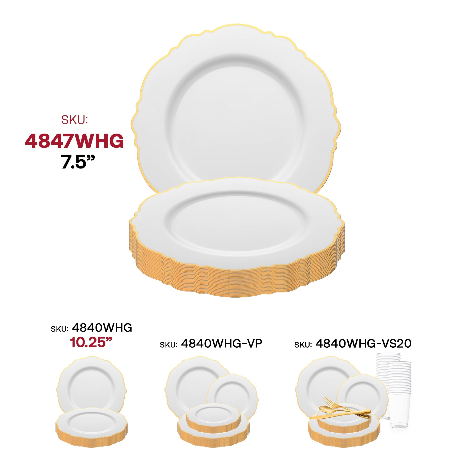 White with Gold Rim Round Blossom Disposable Plastic Appetizer/Salad Plates (7.5")