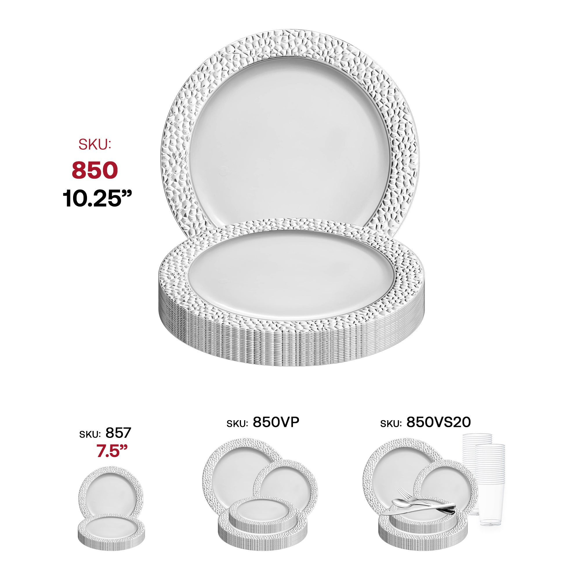 White with Silver Hammered Rim Round Plastic Dinner Plates (10.25")