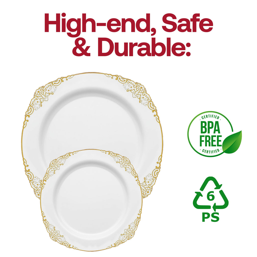 White with Gold Fancy Round Disposable Plastic Dinner Plates (10.25”)