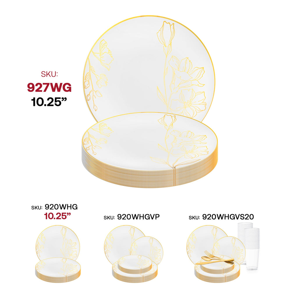White with Gold Antique Floral Round Disposable Plastic Appetizer/Salad Plates (7.5")