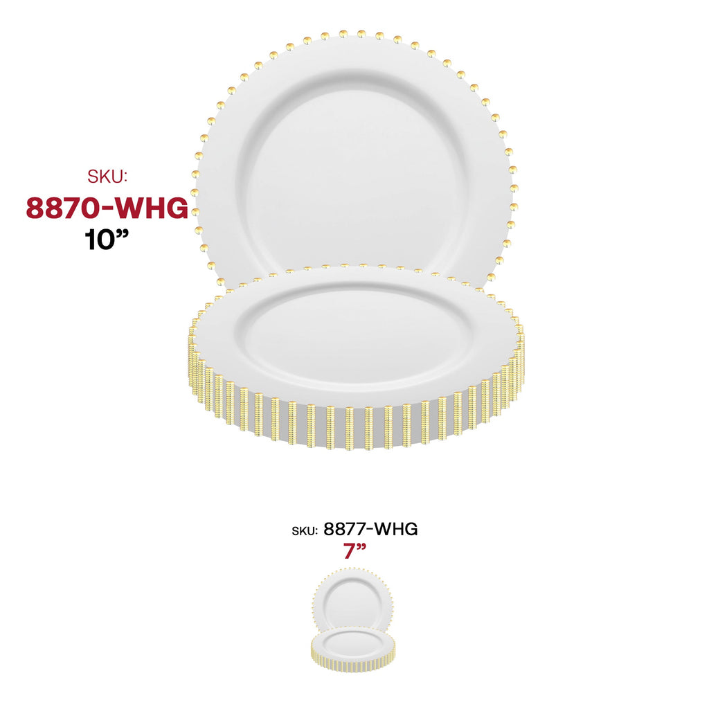 White with Gold Pearl String Round Disposable Plastic Dinner Plates (10”)