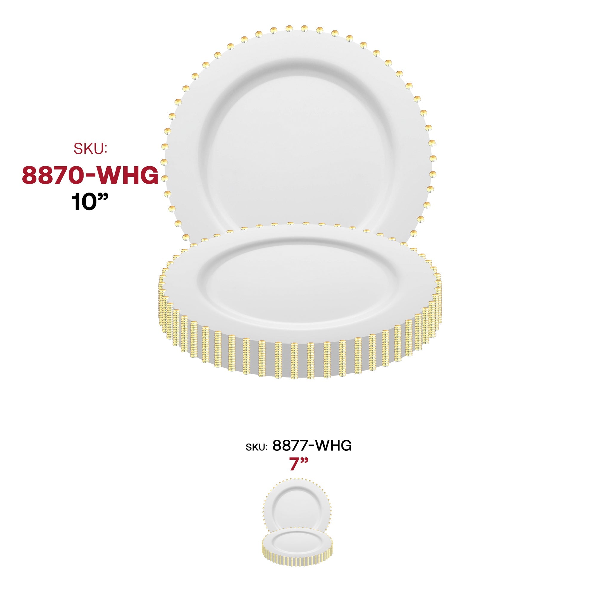 White with Gold Pearl String Round Disposable Plastic Dinner Plates (10”)