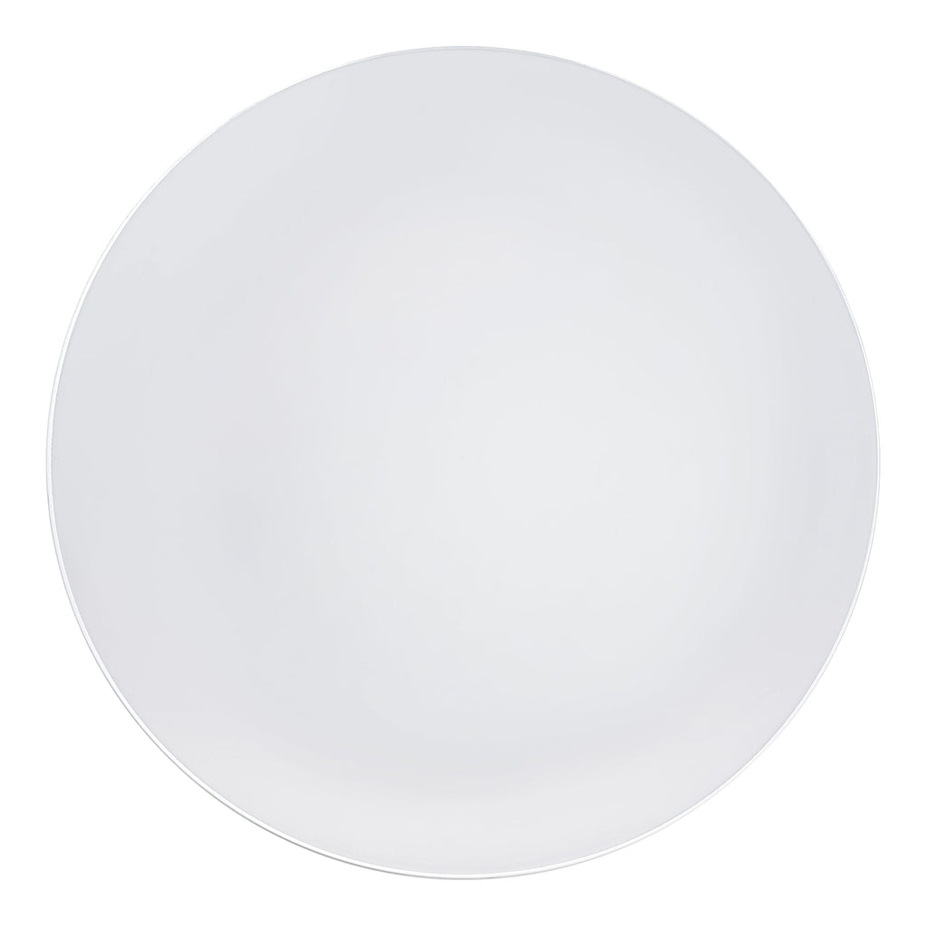White with Silver Rim Organic Round Disposable Plastic Dinner Plates (10.25")