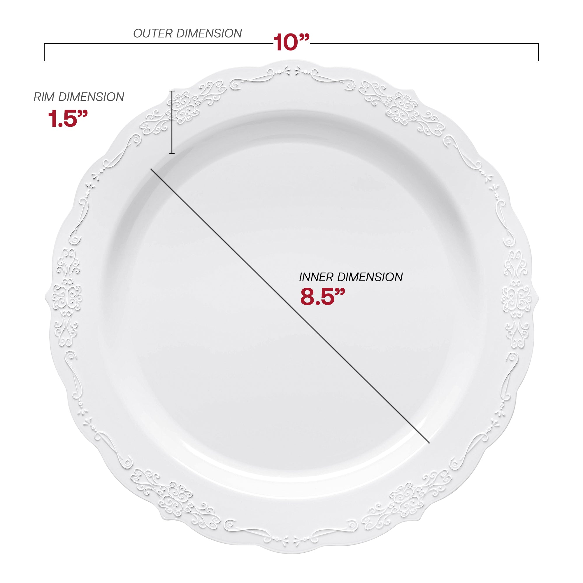 White Vintage Round Disposable Plastic Dinner Plates (10")