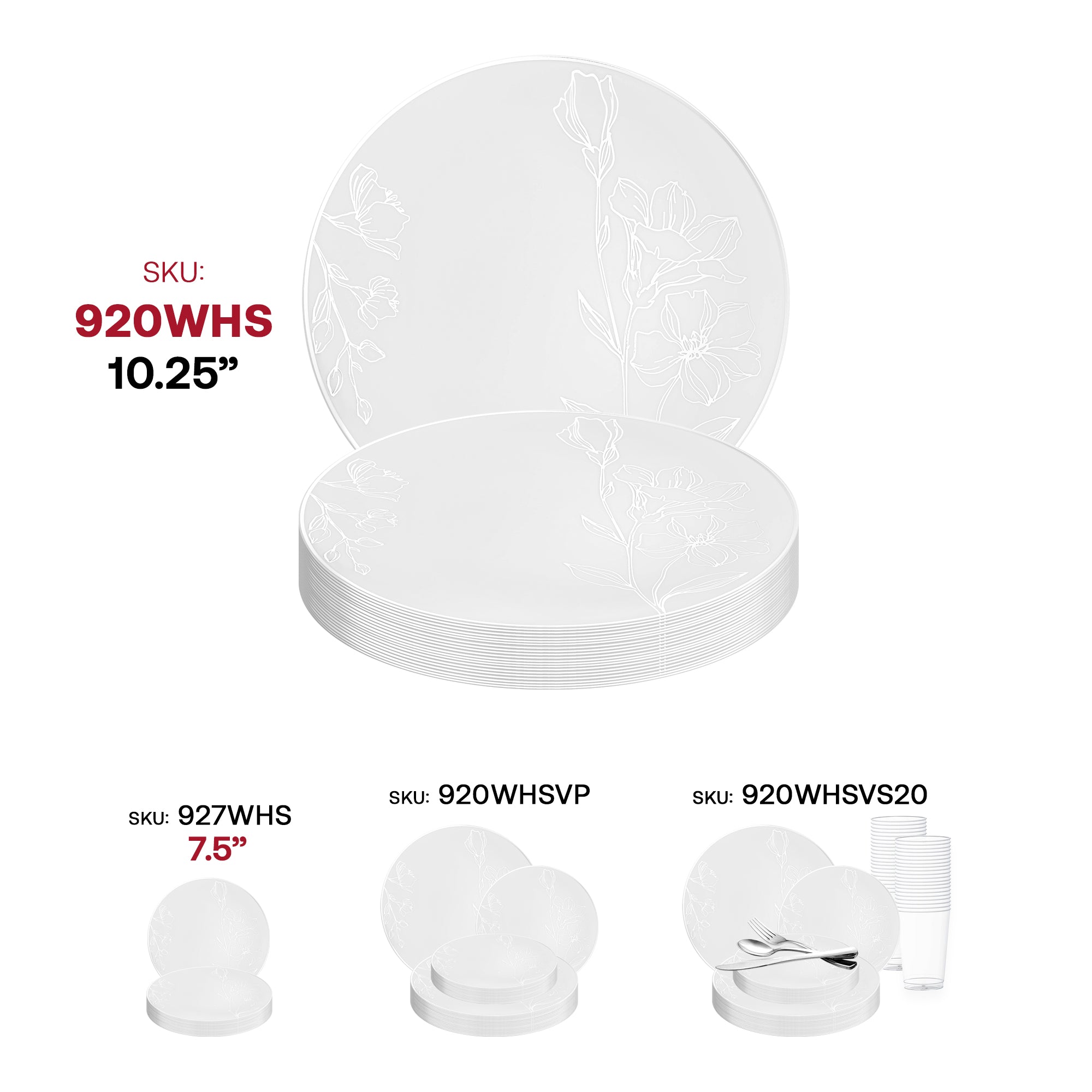 White with Silver Antique Floral Round Disposable Plastic Dinner Plates (10.25")