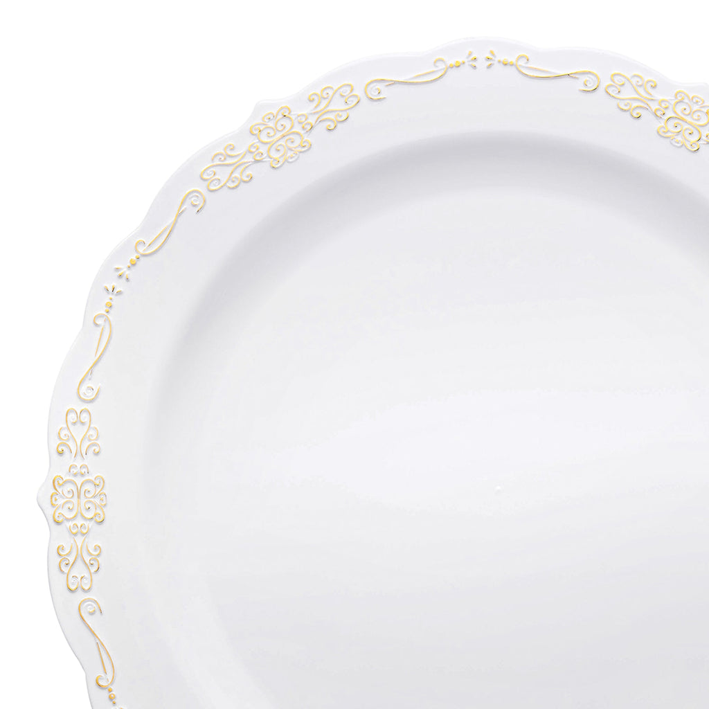 White with Gold Vintage Rim Round Disposable Plastic Appetizer/Salad Plates (7.5")