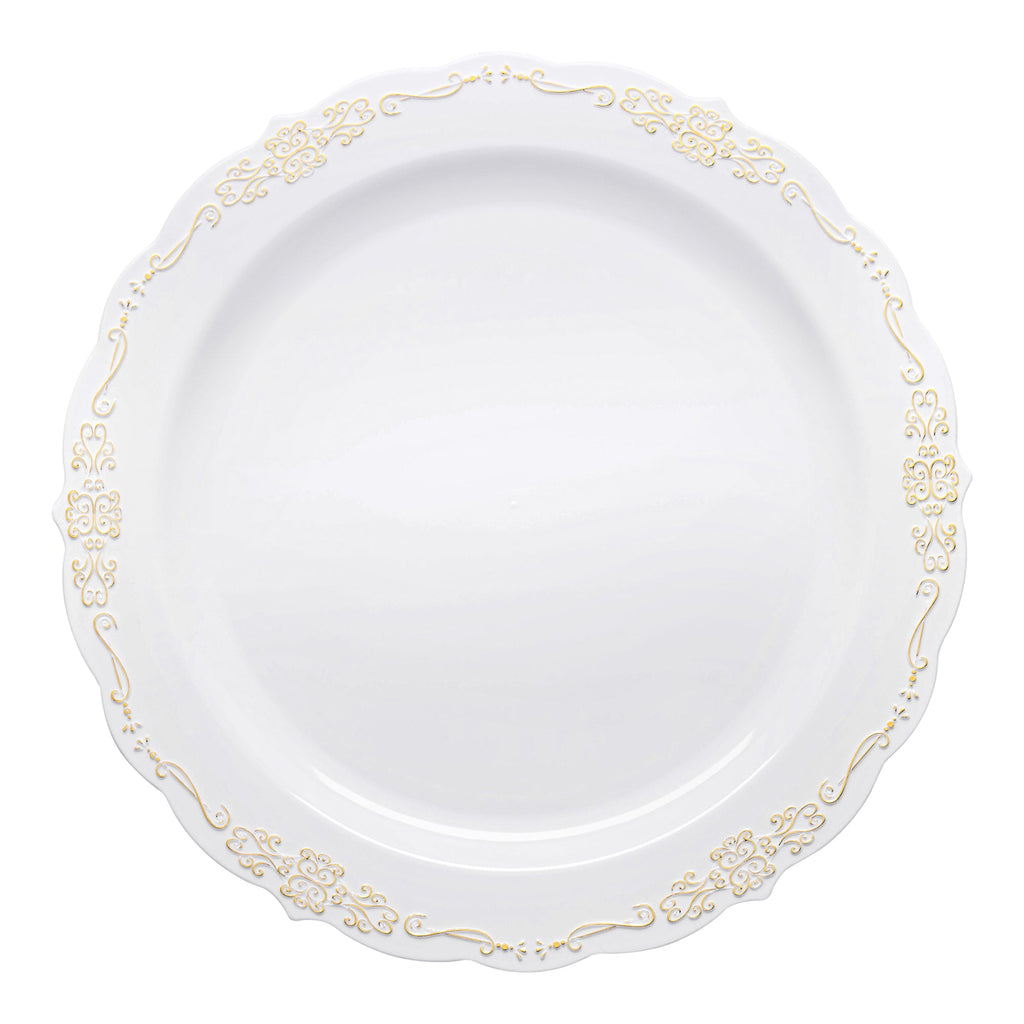 White with Gold Vintage Rim Round Disposable Plastic Dinner Plates (10")