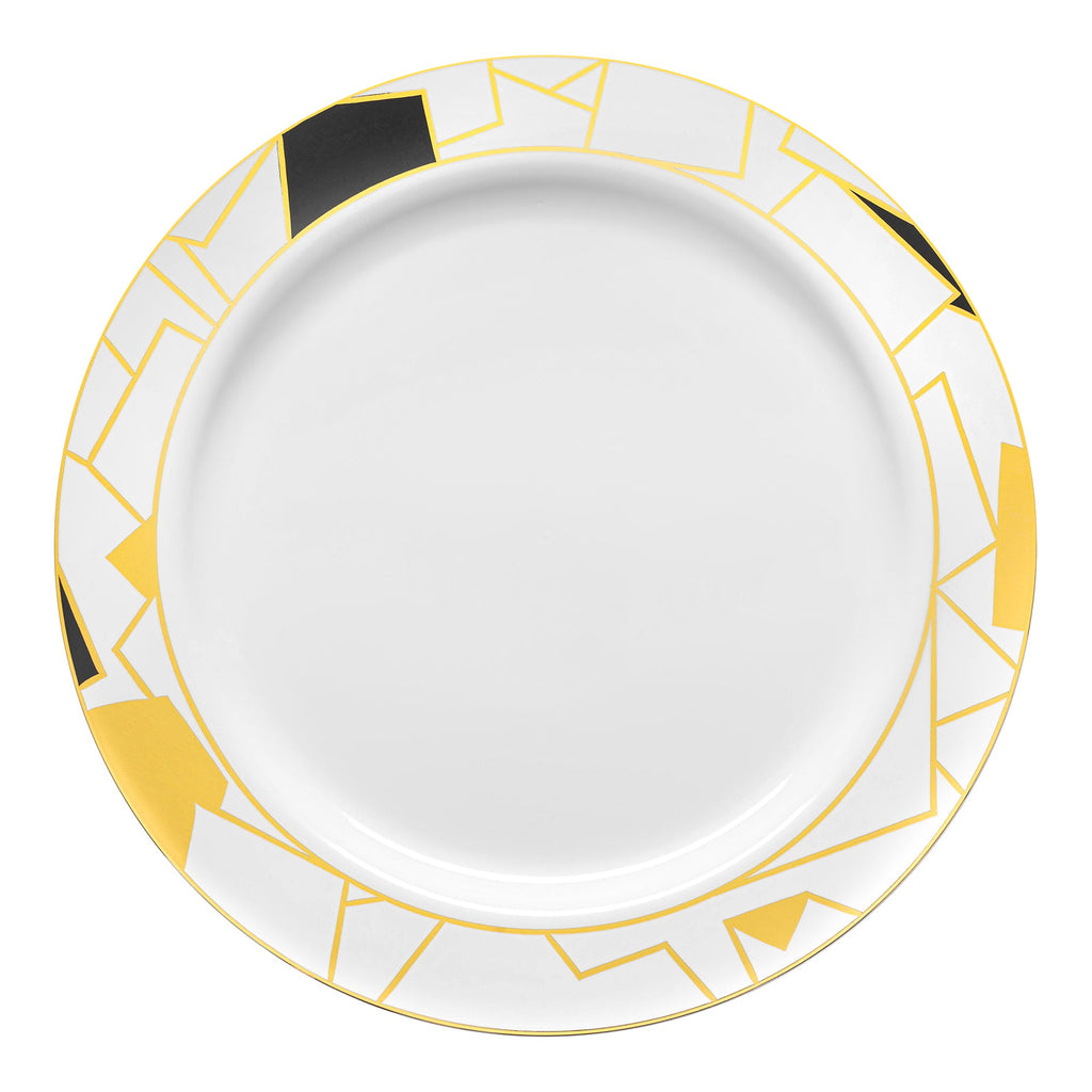 White with Black and Gold Abstract Squares Pattern Round Disposable Plastic Dinner Plates (10.25")