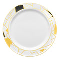 White with Black and Gold Abstract Squares Pattern Round Disposable Plastic Dinner Plates (10.25")
