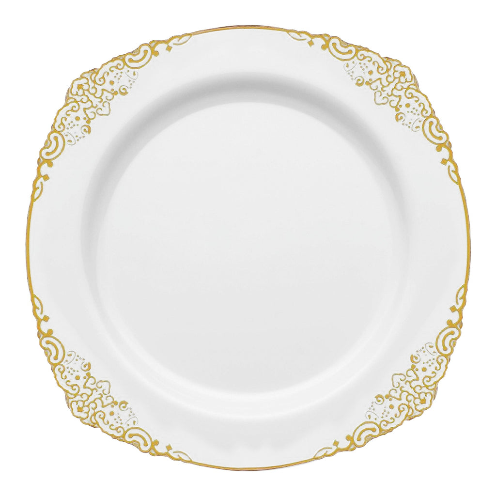 White with Gold Fancy Round Disposable Plastic Dinner Plates (10.25”)