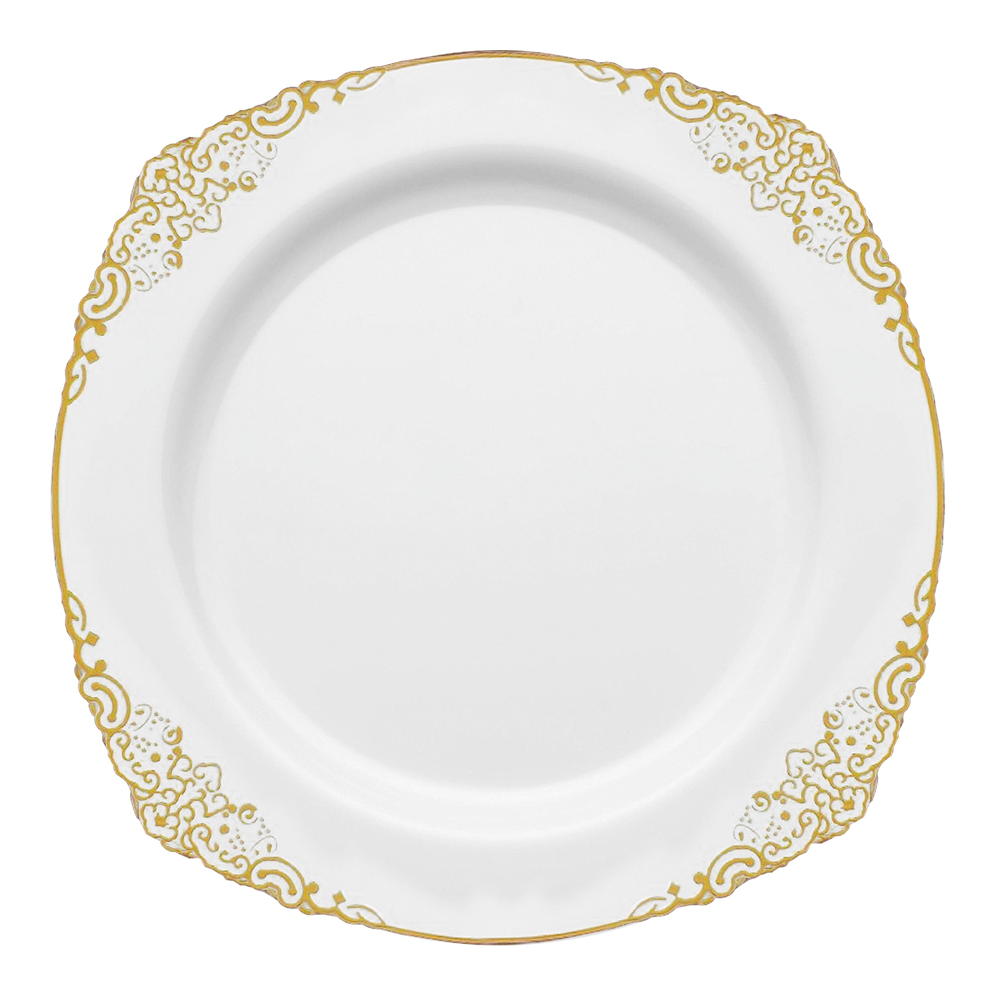 White with Gold Fancy Round Disposable Plastic Dinner Plates (10.25”)