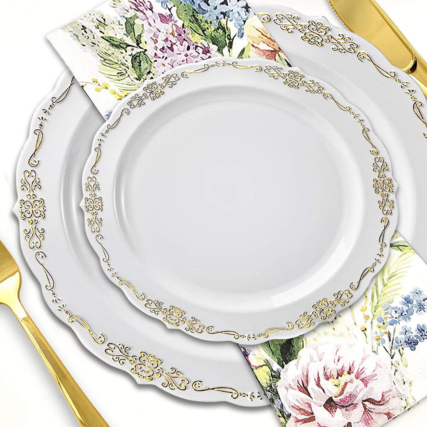 White with Gold Vintage Rim Round Disposable Plastic Dinner Plates (10")