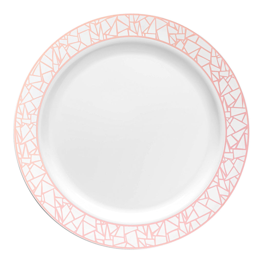 White with Silver and Rose Gold Mosaic Rim Round Plastic Appetizer/Salad Plates (7.5")