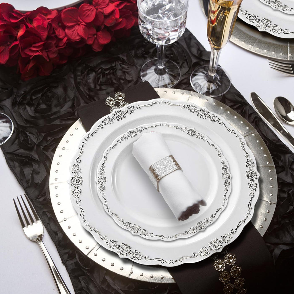 White with Silver Vintage Rim Round Disposable Plastic Appetizer/Salad Plates (7.5")