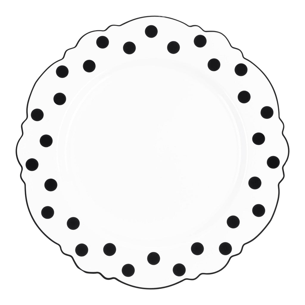 White with Black Dots Round Blossom Disposable Plastic Dinner Plates (10.25")