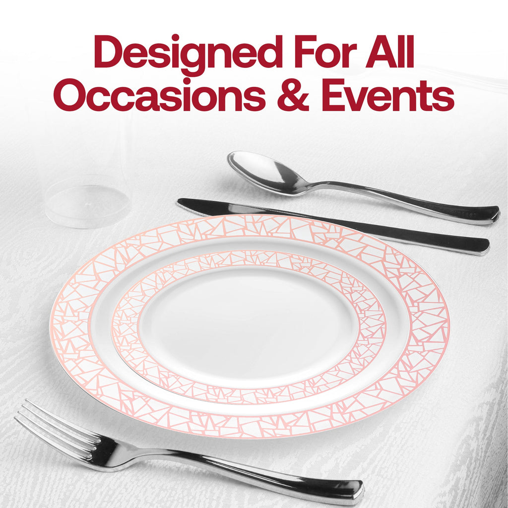 White with Silver and Rose Gold Mosaic Rim Round Plastic Appetizer/Salad Plates (7.5")