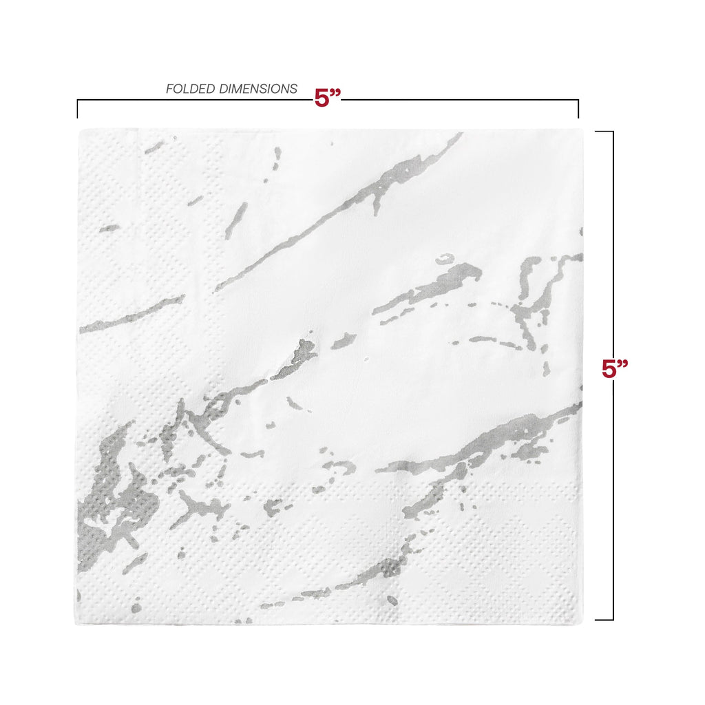 White with Silver Marble Paper Beverage/Cocktail Napkins