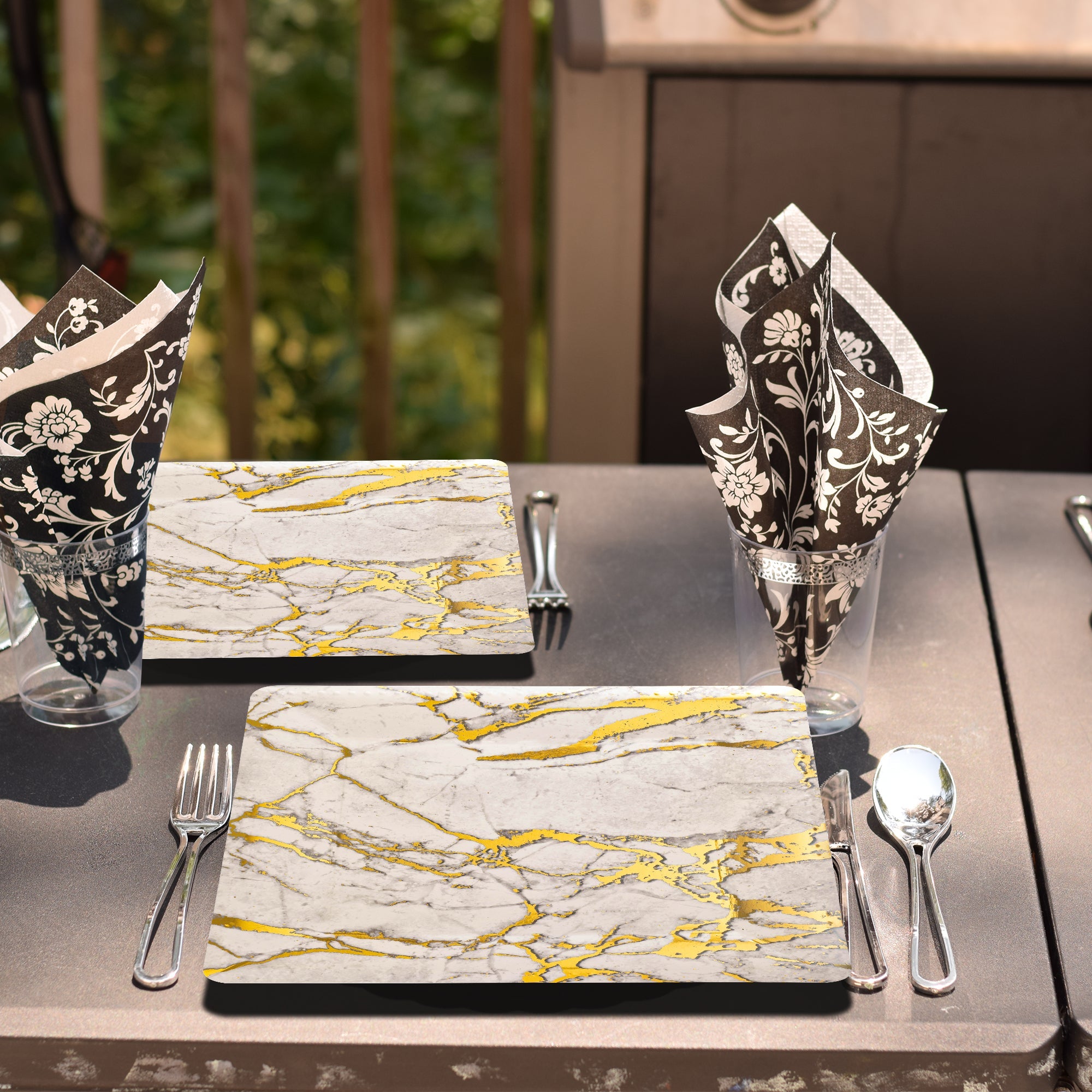 White with Gold Marble Square Disposable Paper Charger Plates (13")