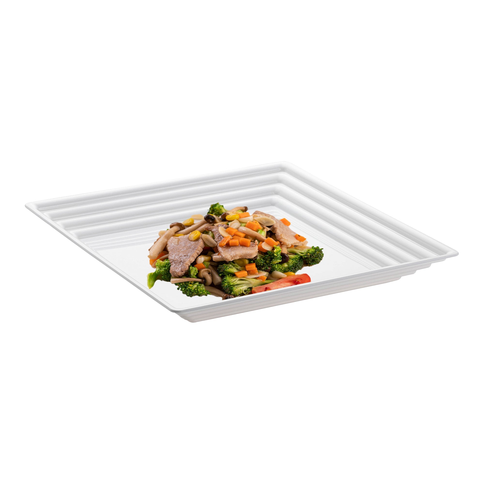 12" x 12" White Square with Groove Rim Plastic Serving Trays