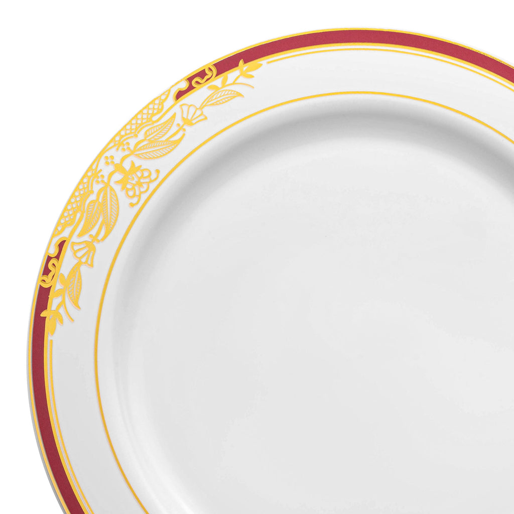 White with Burgundy and Gold Harmony Rim Plastic Dinner Plates (10.25")