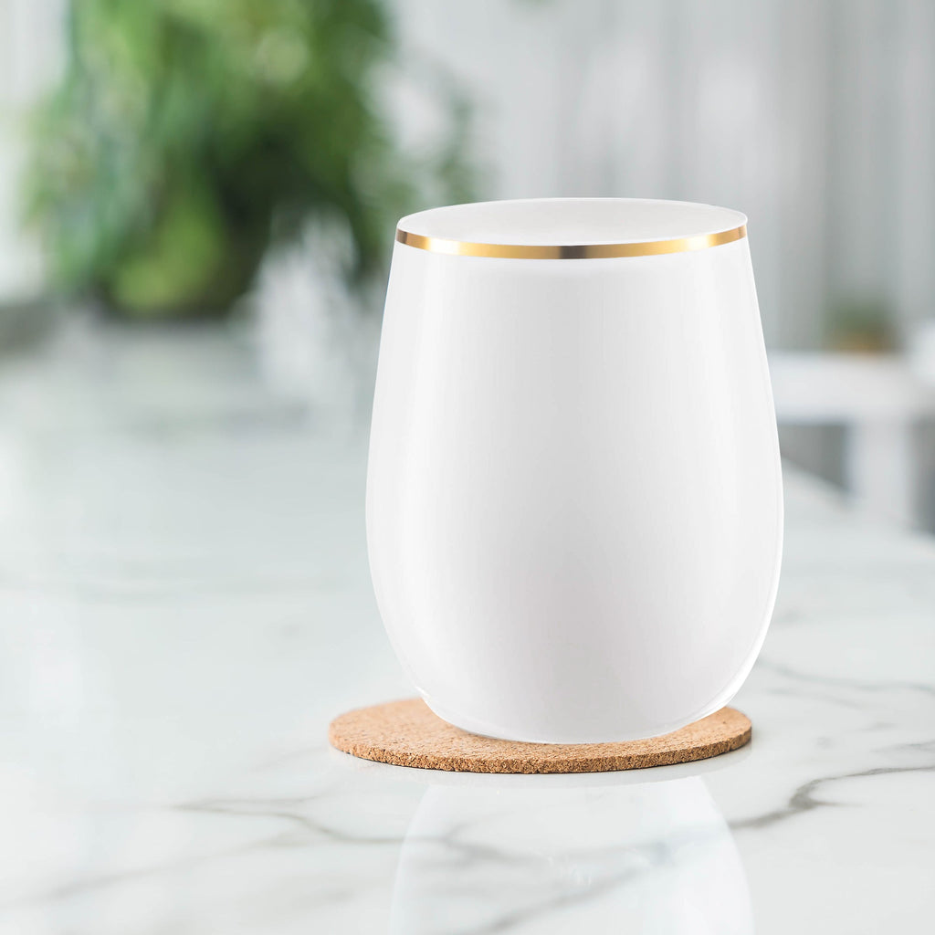 White with Gold Elegant Stemless Plastic Wine Glasses (12 oz. )