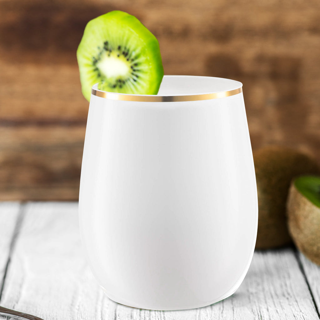 White with Gold Elegant Stemless Plastic Wine Glasses (12 oz. )