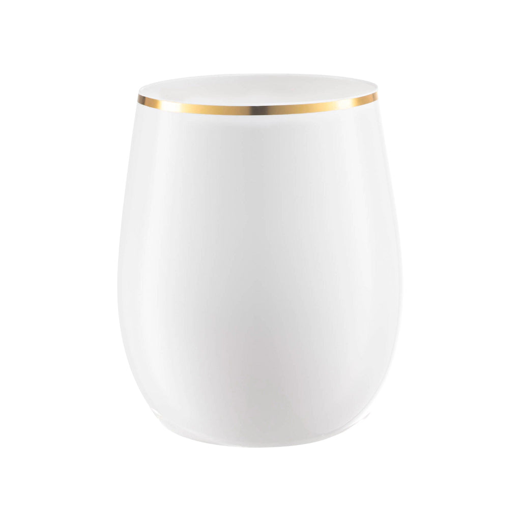 White with Gold Elegant Stemless Plastic Wine Glasses (12 oz. )