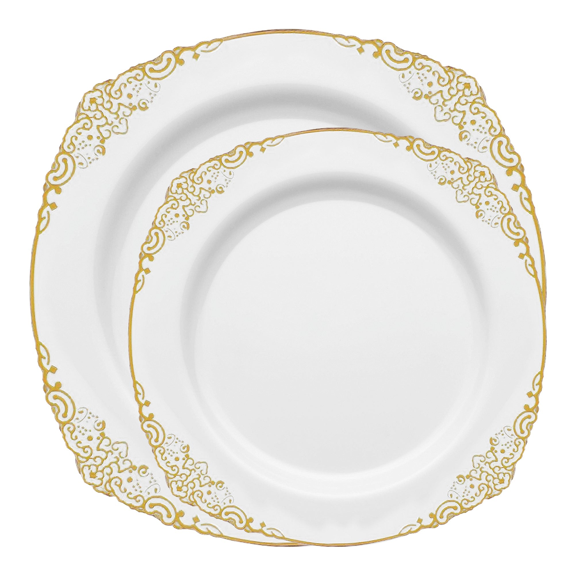 White with Gold Fancy Round Disposable Plastic Dinnerware Value Set