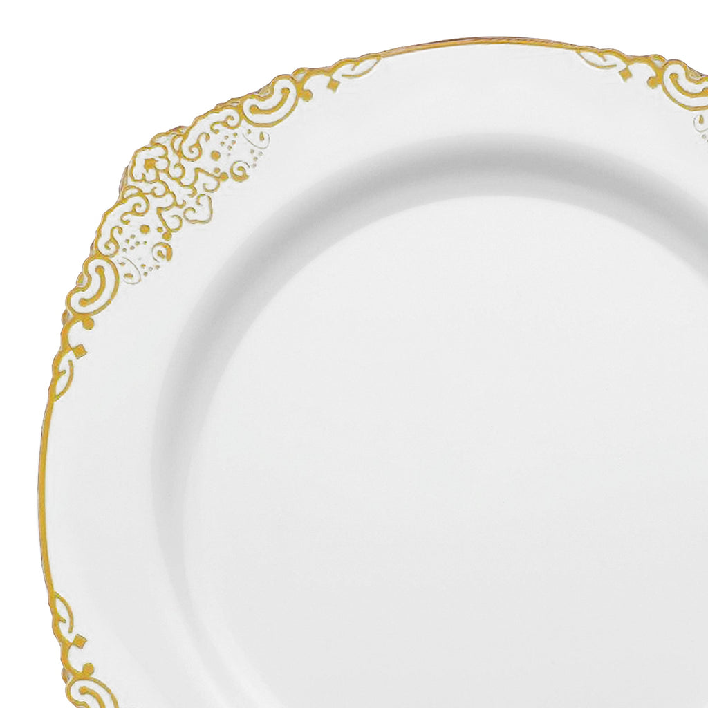 White with Gold Fancy Round Disposable Plastic Salad Plates (7.5”)