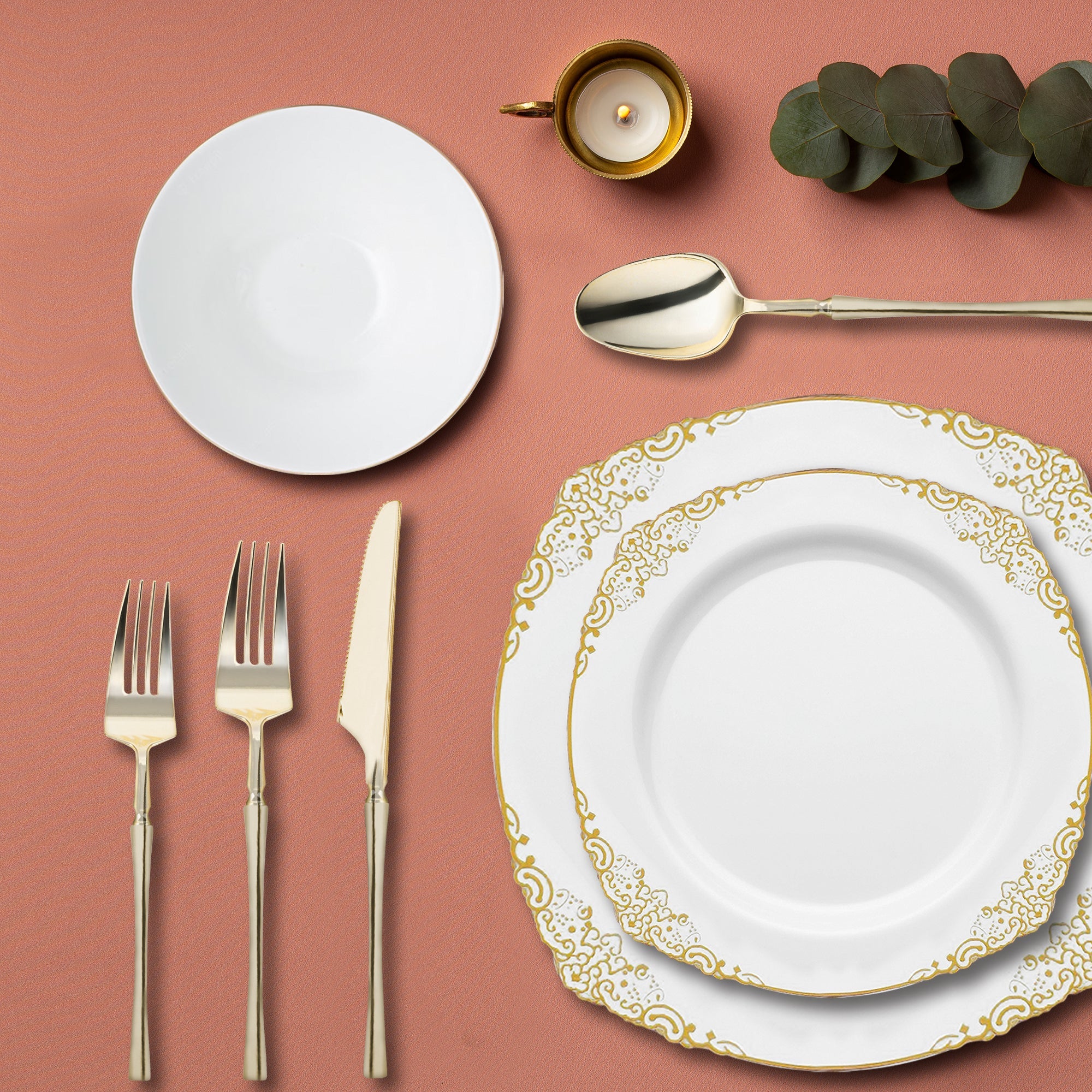 White with Gold Fancy Round Disposable Plastic Tableware Set