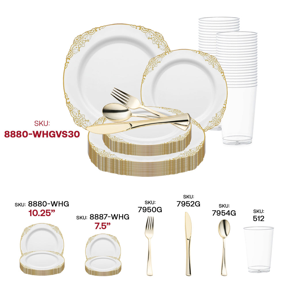 White with Gold Fancy Round Disposable Plastic Wedding Value Set