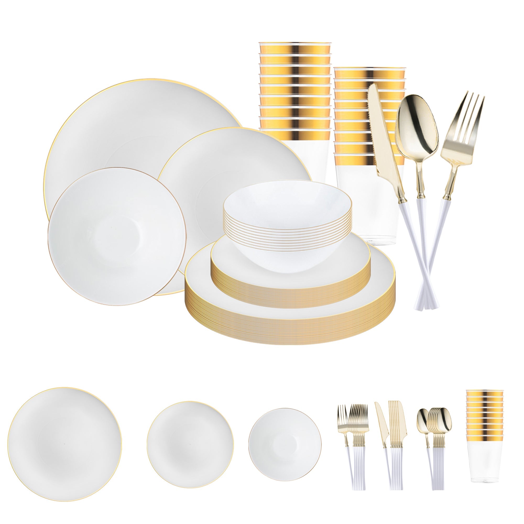 White with Gold Organic Disposable Plastic Tableware Set