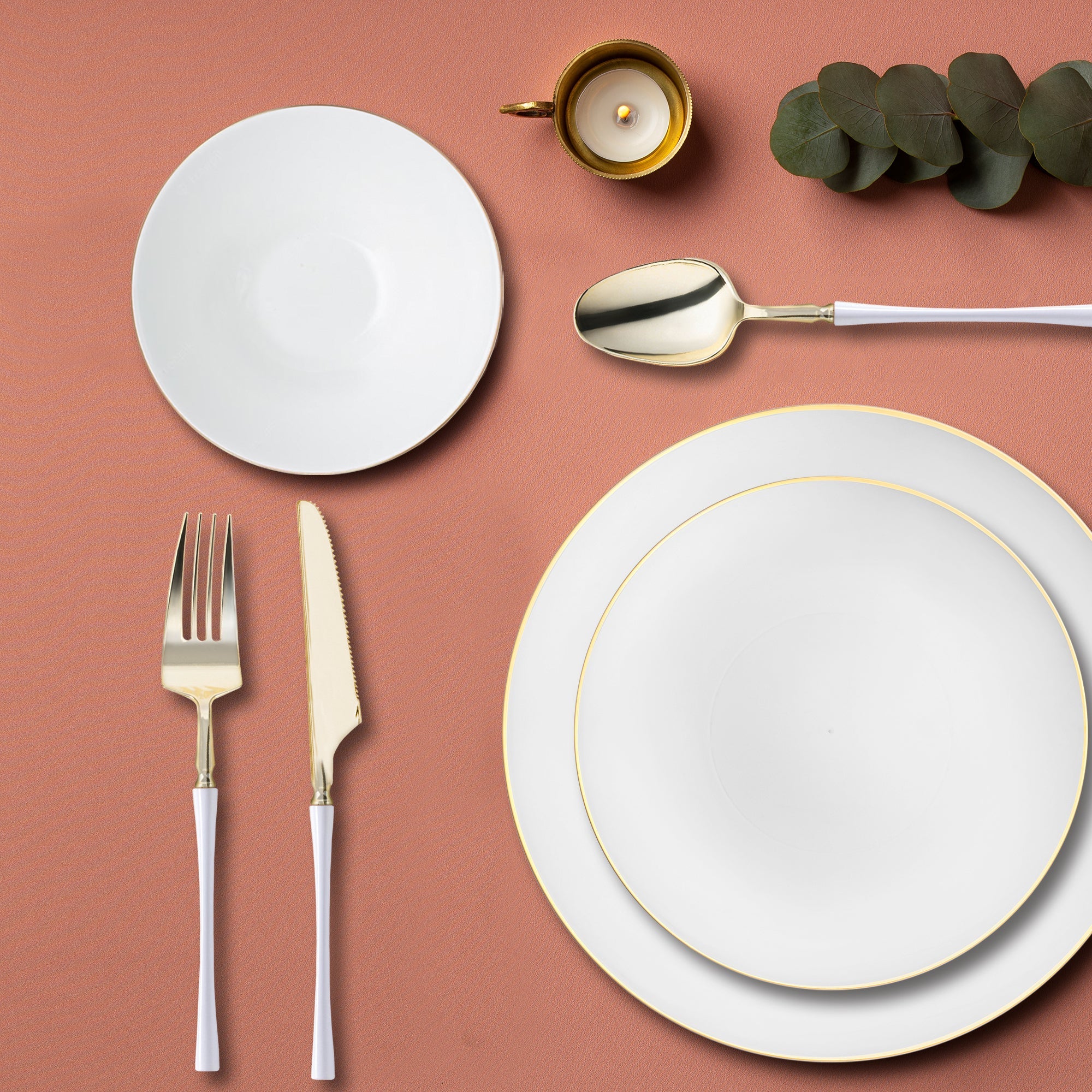 White with Gold Organic Disposable Plastic Tableware Set