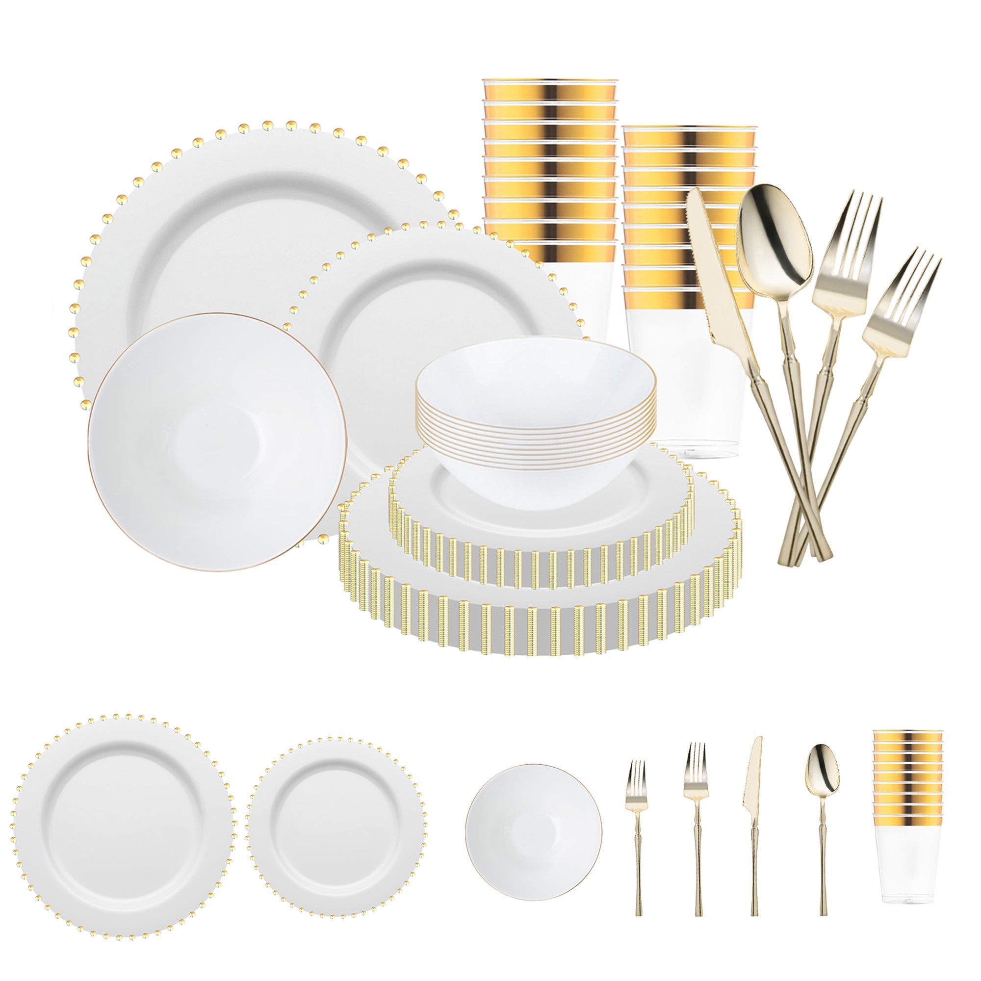 White with Gold Pearl String Round Disposable Plastic Tableware Set