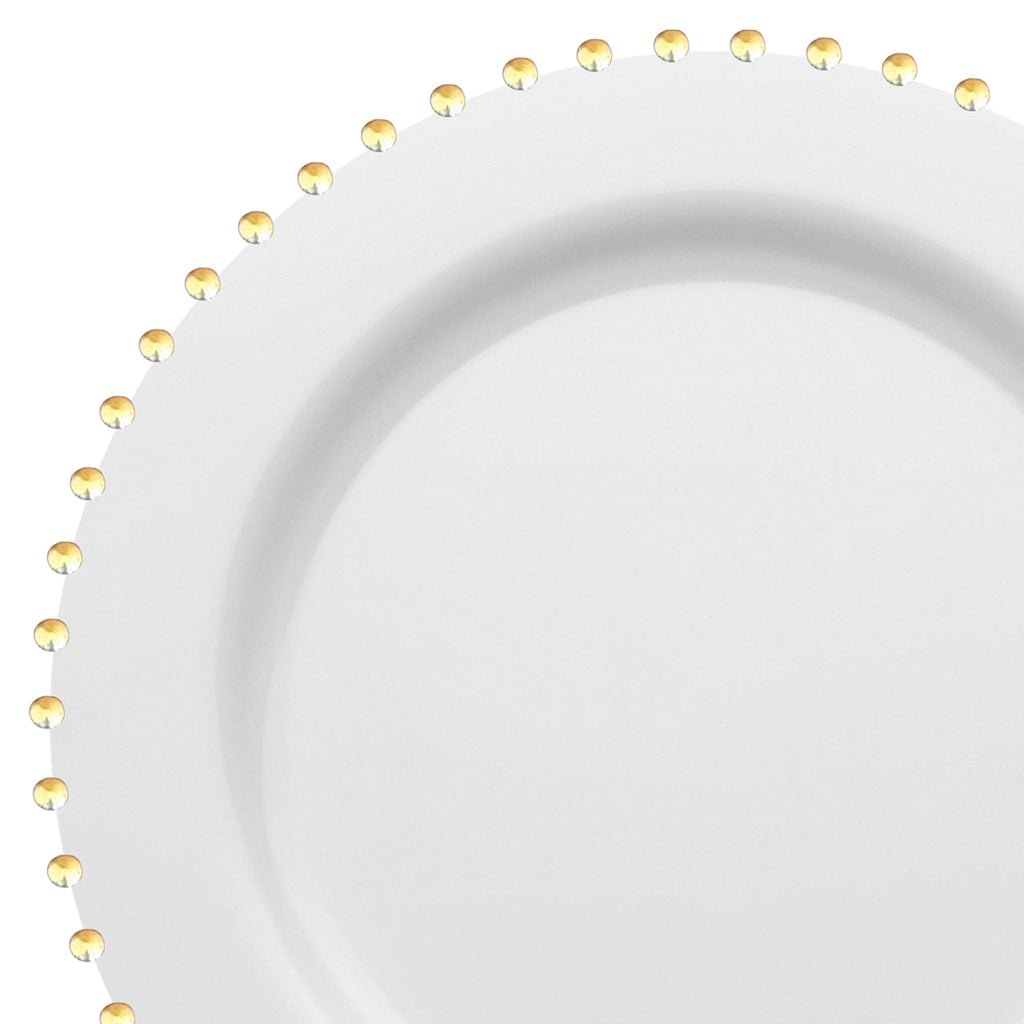 White with Gold Pearl String Round Disposable Plastic Dinner Plates (10”)