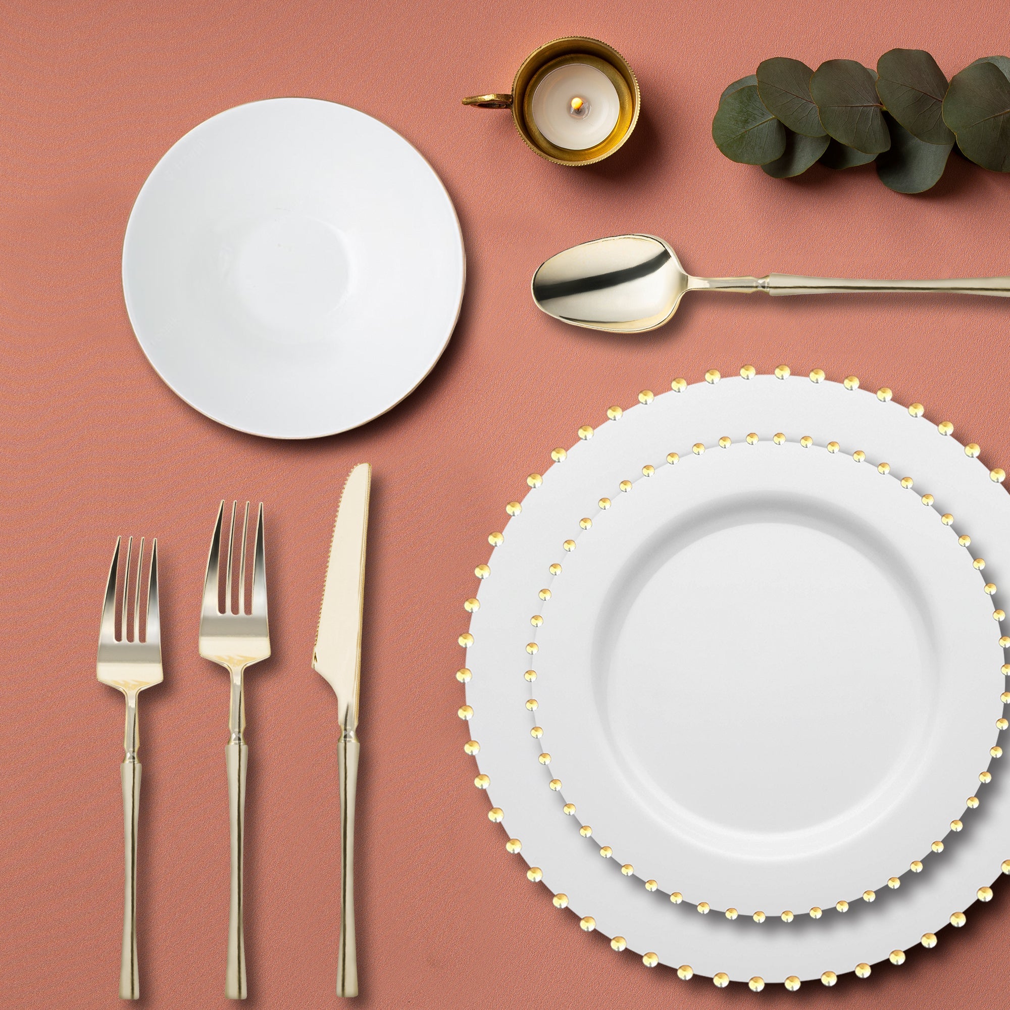 White with Gold Pearl String Round Disposable Plastic Tableware Set