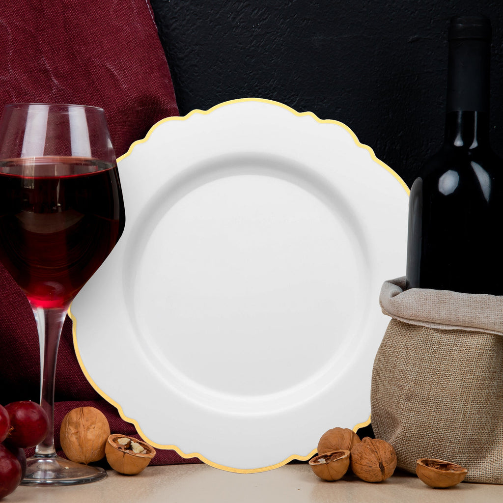 White with Gold Rim Round Blossom Disposable Plastic Dinner Plates (10.25")